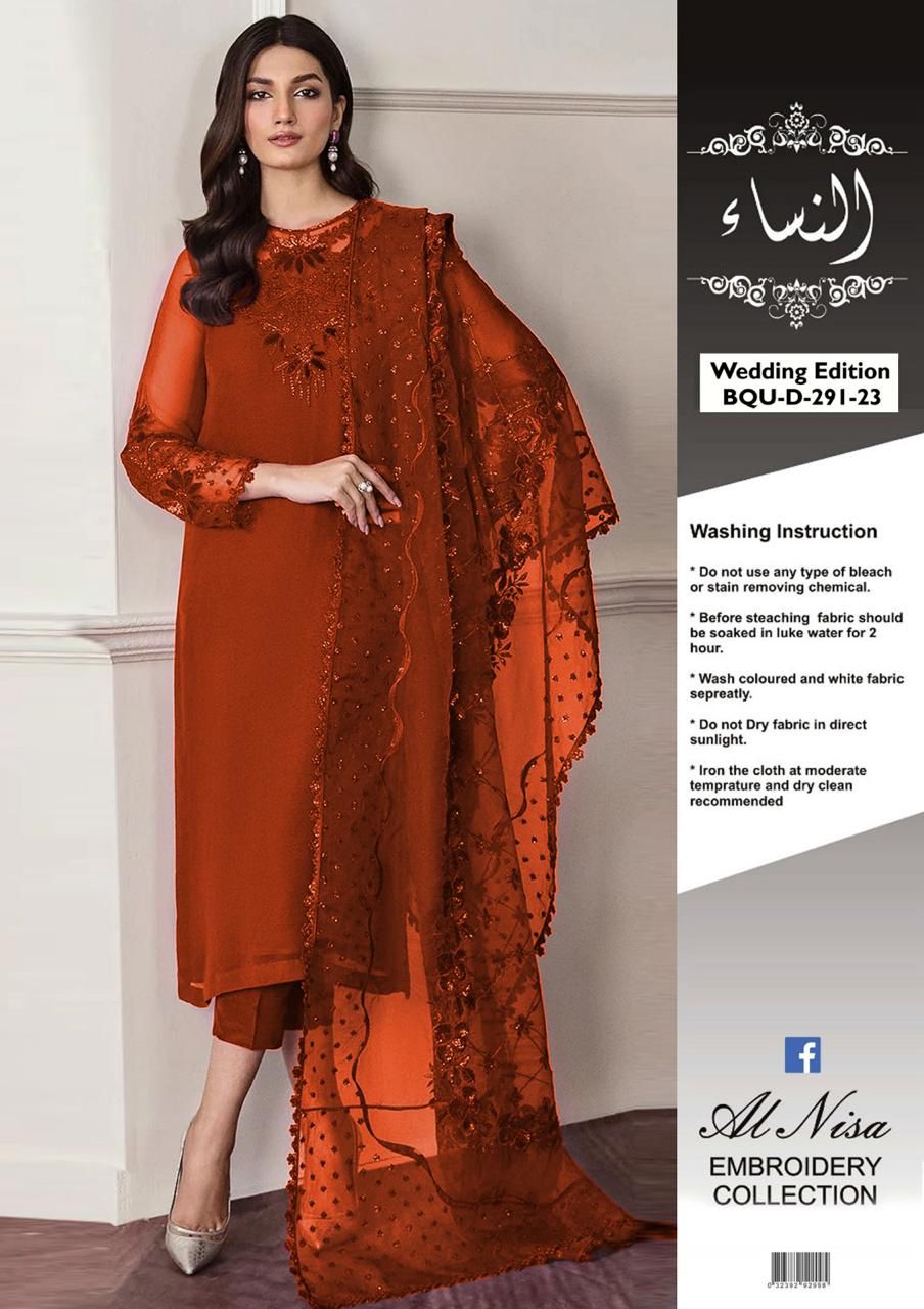Baroque 3pc Unstitched Suits 6 Colours By Alnisa Embroidery Collection